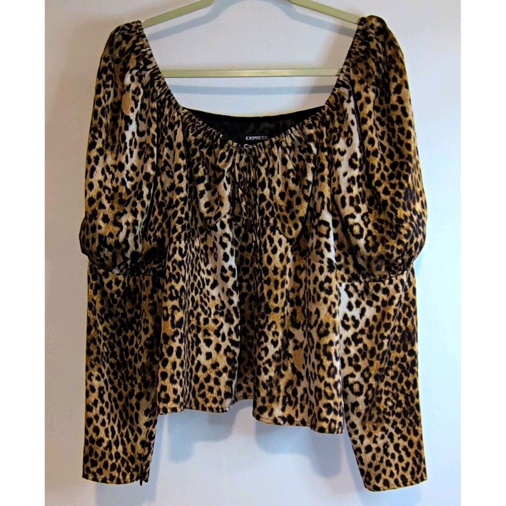 Express Women's XL Leopard Animal Print Square Neck Puff Sleeve Blouse Zip